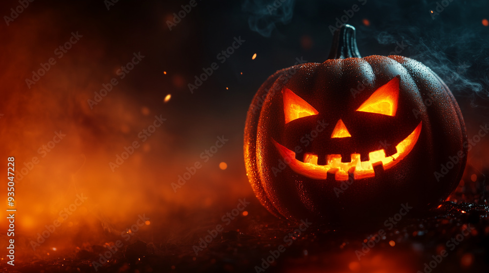 A carved pumpkin emits an eerie glow, showcasing a sinister expression while surrounded by smoke and dim lighting, capturing the essence of Halloween, copy space A carved pumpkin emits an eerie glow, showcasing a sinister expression while surrounded by smoke and dim lighting, capturing the essence of Halloween, copy space