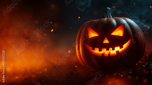 A carved pumpkin emits an eerie glow, showcasing a sinister expression while surrounded by smoke and dim lighting, capturing the essence of Halloween, copy space photo