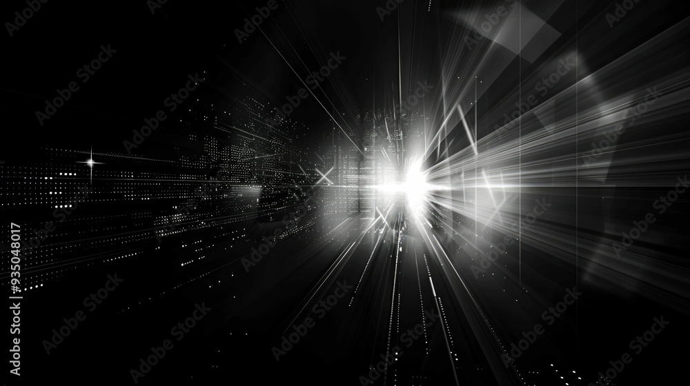 Abstract Digital Cityscape with Glowing Light Rays