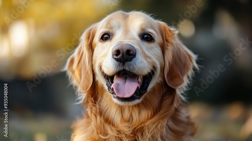 A happy golden retriever dog with a joyful expression, enjoying the outdoors amidst a blurred natural background.