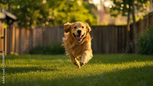 A joyful golden retriever dog runs freely in the sunlight, showcasing happiness and playfulness in a vibrant green backyard.