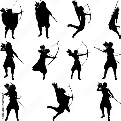Woman warrior with arrows and bow, archer in action pose silhouette set illustration. Armored female character, medieval knight with bow and arrow.