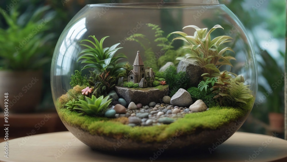 a fish tank with a house on the top and a small house in the middle. a fish tank with a house on the top and a small house in the middle.