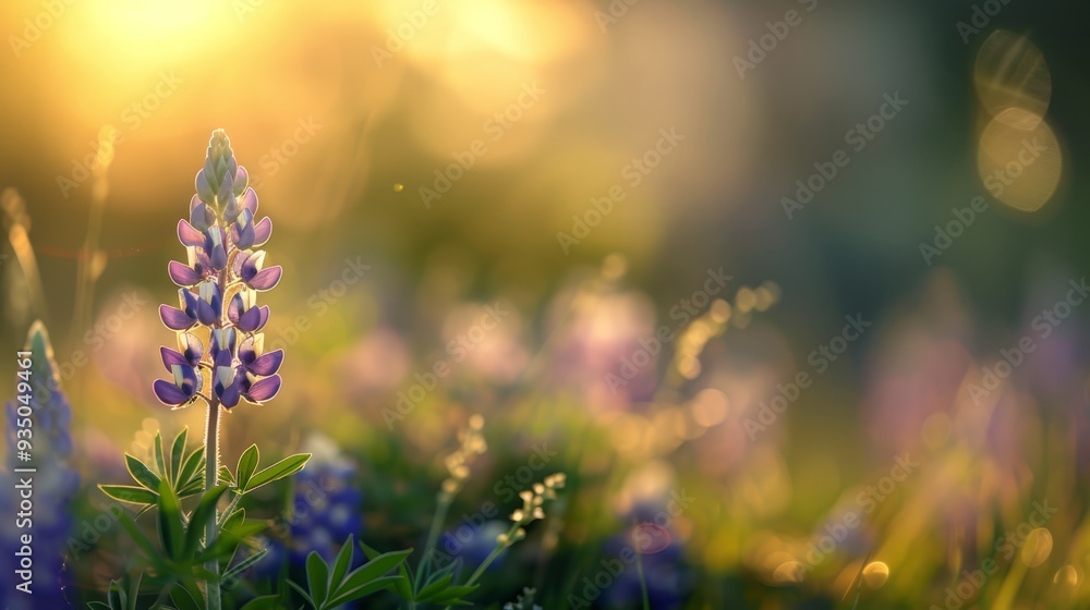 Obraz premium A tight shot of a purple bloom amidst a sea of grass, with the sun filtering through the trees behind