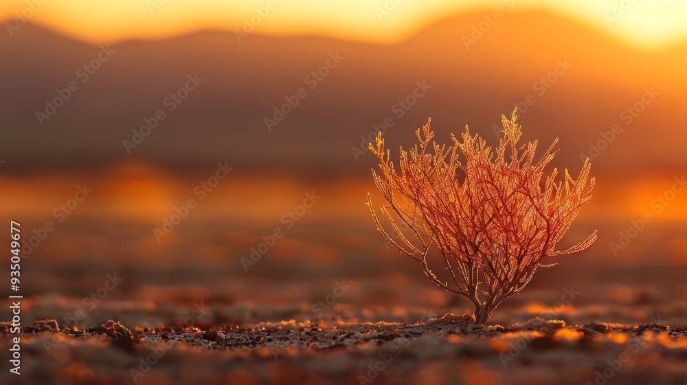 A small tree in a field, silhouetted against sunset's backdrop Mountains distant in the twilight A small tree in a field, silhouetted against sunset's backdrop Mountains distant in the twilight