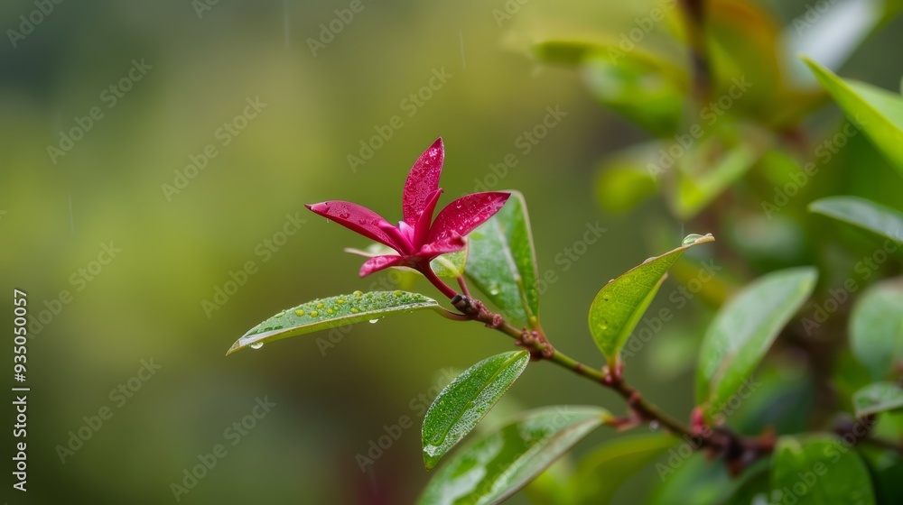 Obraz premium A red flower in focus on a tree branch, water droplets gleaming on leaves, background softly blurred
