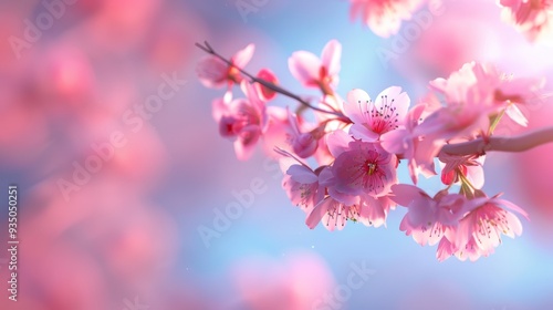  A branch of a cherry blossom tree, with pink flowers in focus, against a blue sky background