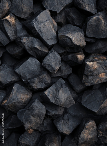 Black decorative dry stones, beautiful texture saturated, top view, black background, dark vibe, matte stones photo