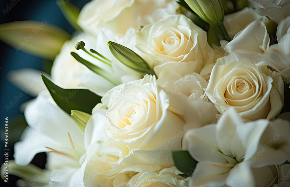 A close-up shot of the bouquet, showcasing white roses and lilies in full bloom, creating an elegant display. Created with Ai A close-up shot of the bouquet, showcasing white roses and lilies in full bloom, creating an elegant display. Created with Ai
