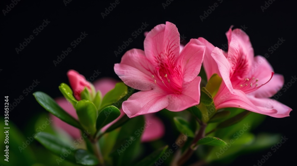 Obraz premium A tight shot of a pink bloom against a backdrop of emerald leaves, contrasting against a black canvas