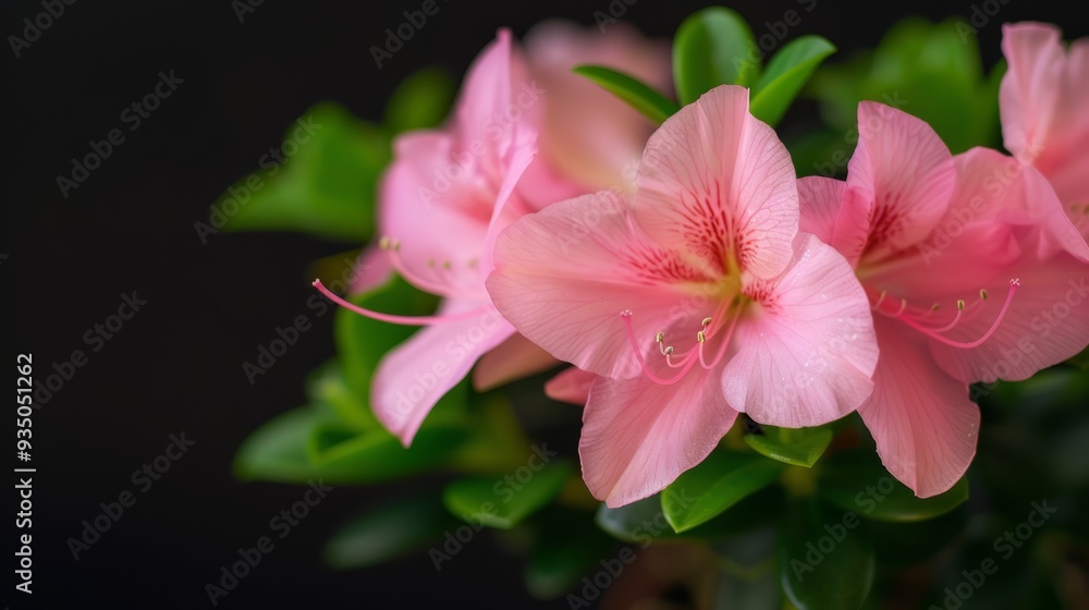A pink flower with green leaves in the foreground against a black backdrop A pink flower with green leaves in the foreground against a black backdrop