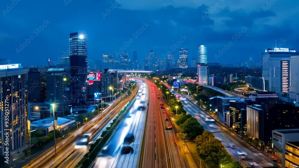 Nighttime cityscape of bustling traffic on a major highway in a vibrant urban area Nighttime cityscape of bustling traffic on a major highway in a vibrant urban area