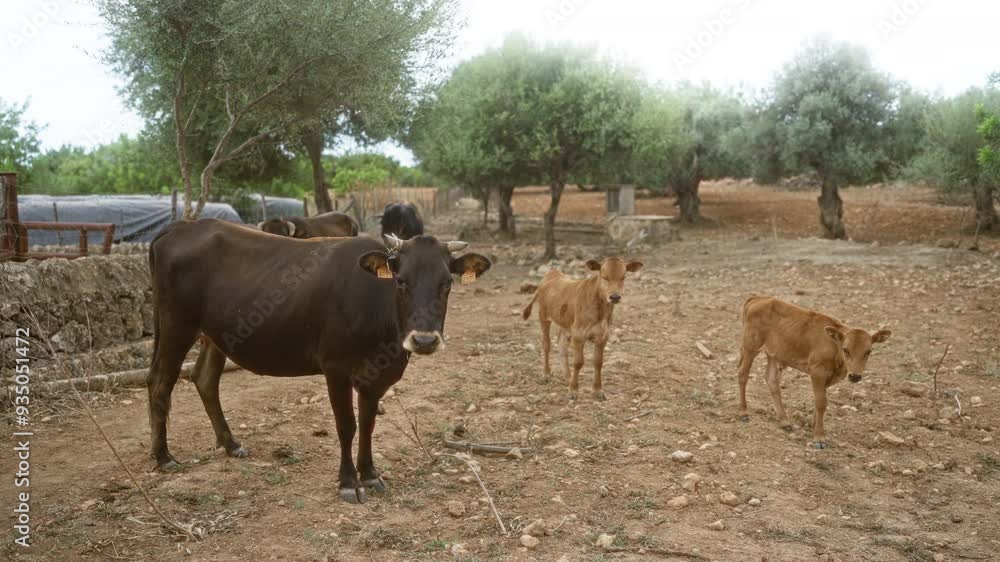 Cows and calves standing in a rural, mediterranean farm surrounded by trees and dry, rocky soil