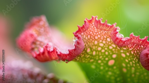  A macro shot of a flower, its petals adorned with water droplets, and a verdant leaf in the backdrop