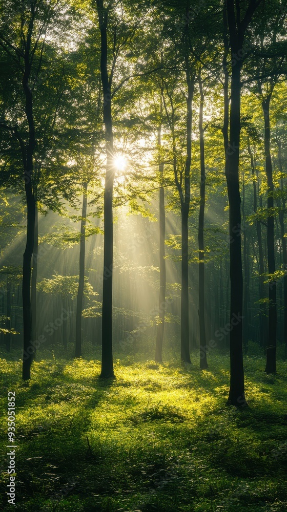 Obraz premium Serene Forest with Sun Rays and Mist