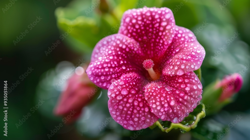 A tight shot of a pink bloom, adorned with water beads on its petals Green foliage in the backdrop A tight shot of a pink bloom, adorned with water beads on its petals Green foliage in the backdrop