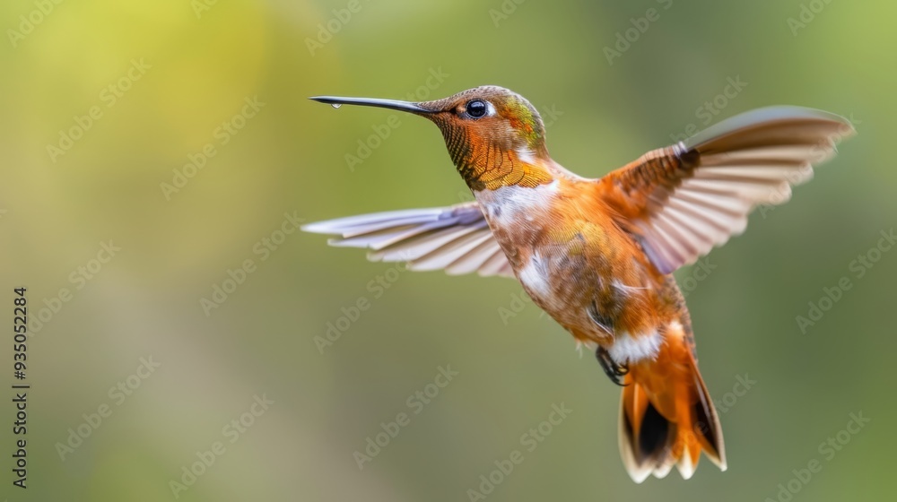 Fototapeta premium A hummingbird in flight, wings spread out, beak pointed towards the ground