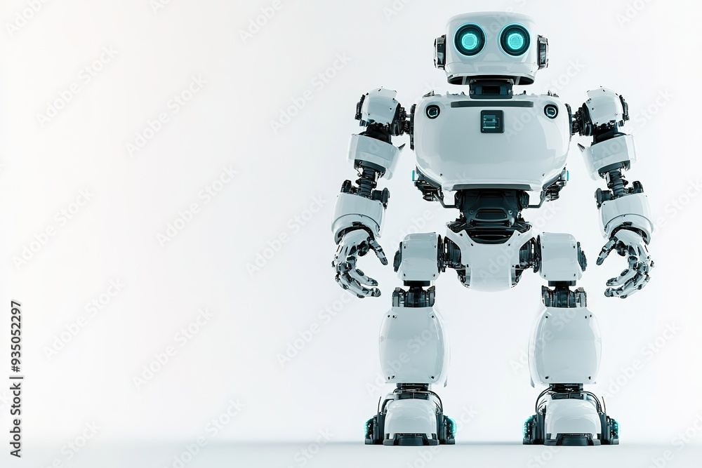 Futuristic humanoid robot standing against white backdrop Futuristic humanoid robot standing against white backdrop