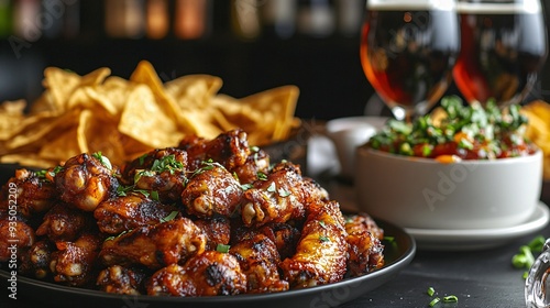 Delicious platter featuring spicy chicken wings, crispy nachos, and fresh salsa, perfect for parties or casual dining.