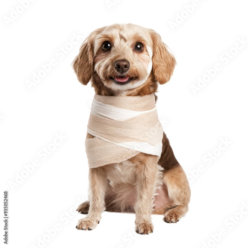 A cute dog wrapped in a bandage, showcasing resilience and charm. Perfect for veterinary or pet care themes. photo