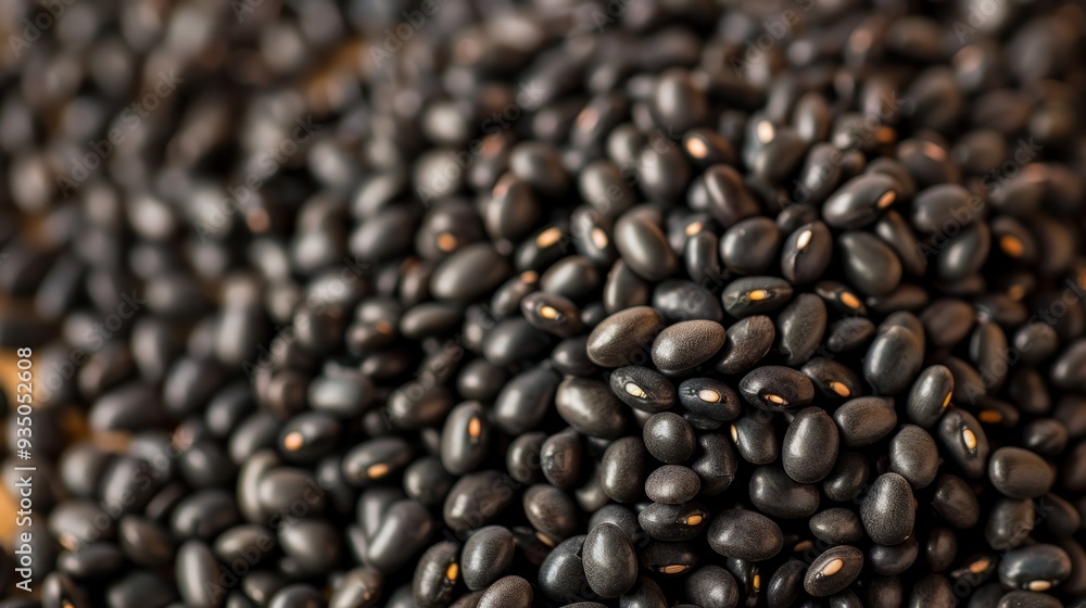 A sizable mound of black beans rests atop a wooden table, accompanied by another similar pile nearby A sizable mound of black beans rests atop a wooden table, accompanied by another similar pile nearby