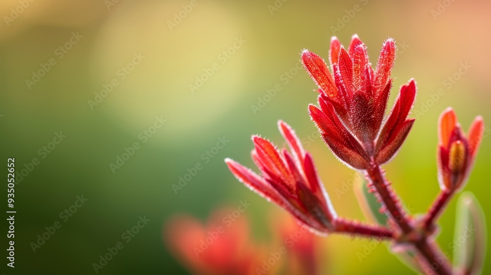 A red flower with a blurred foreground of green and red blossoms A red flower with a blurred foreground of green and red blossoms