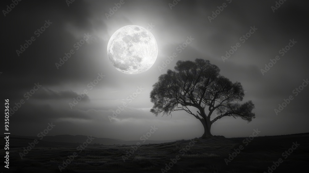 A monochrome image of a tree atop a hill against a backdrop of a fully lit full moon in the night sky A monochrome image of a tree atop a hill against a backdrop of a fully lit full moon in the night sky