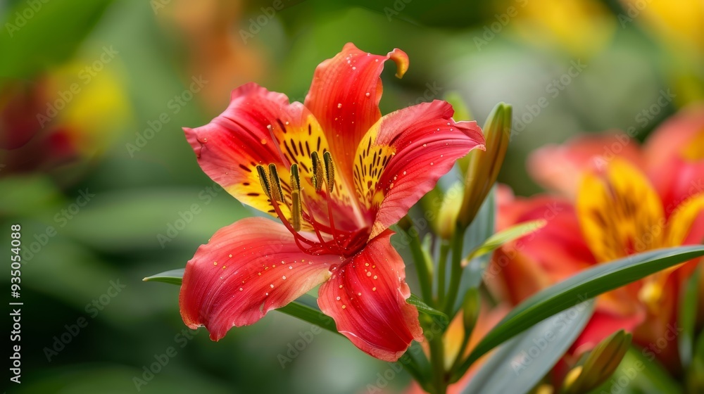 Close-up of a red flower with water droplets on its petals and green leaves in the background Close-up of a red flower with water droplets on its petals and green leaves in the background