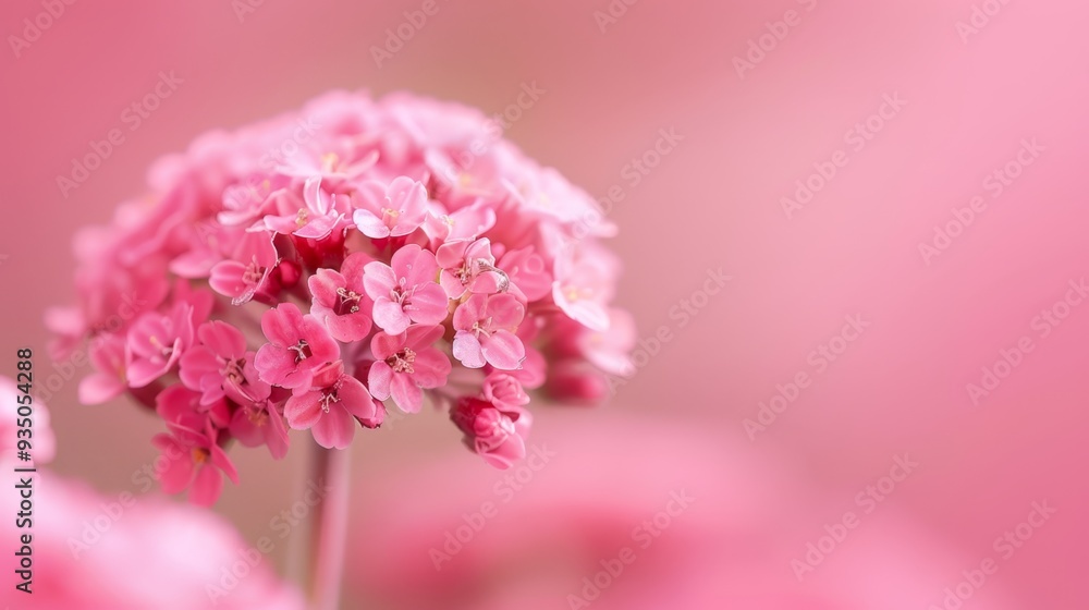 A pink flower, tightly framed, atop its stem against a softly blurred backdrop of pink blooms A pink flower, tightly framed, atop its stem against a softly blurred backdrop of pink blooms