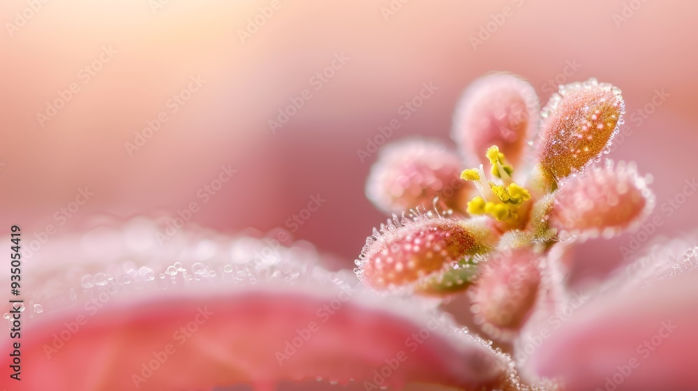 Fototapeta premium A tight shot of a pink bloom, adorned with dewdrops on its petals, and bejeweled center