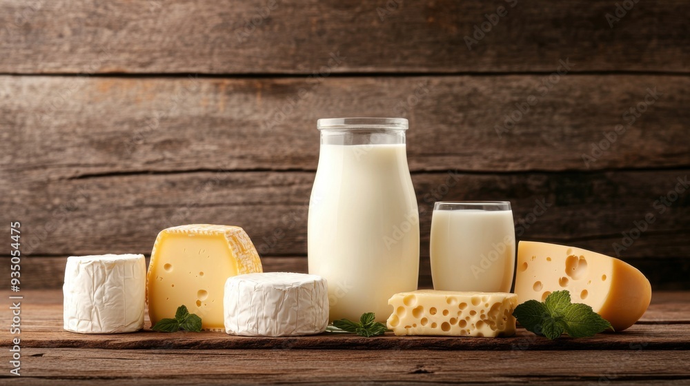 Nutritious Array of Dairy Products - Butter, Milk, Cheese on Wooden Table Nutritious Array of Dairy Products - Butter, Milk, Cheese on Wooden Table