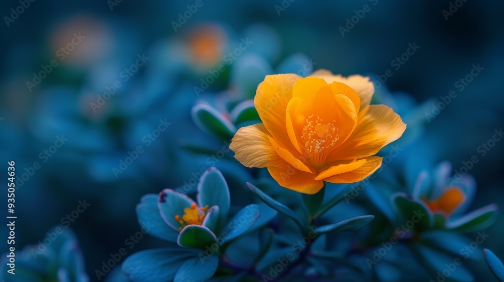 A yellow bloom on a plant with blue foliage up front, hazy background A yellow bloom on a plant with blue foliage up front, hazy background