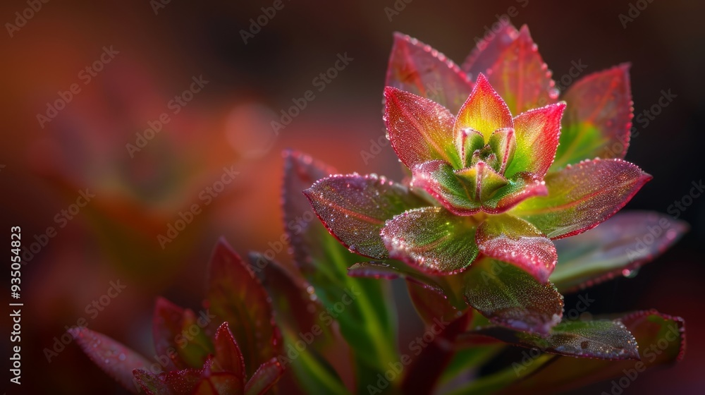 A red and green plant with water droplets on its leaves and a blurred background A red and green plant with water droplets on its leaves and a blurred background