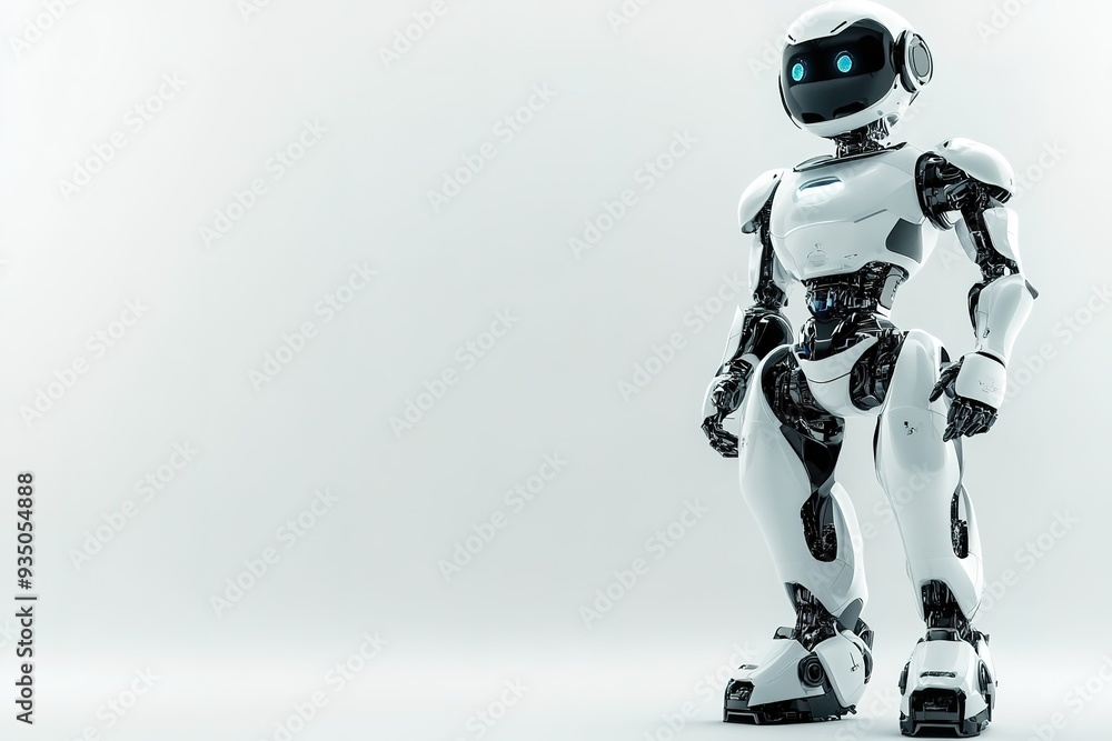 Fototapeta premium White humanoid robot standing on plain background with copy spac