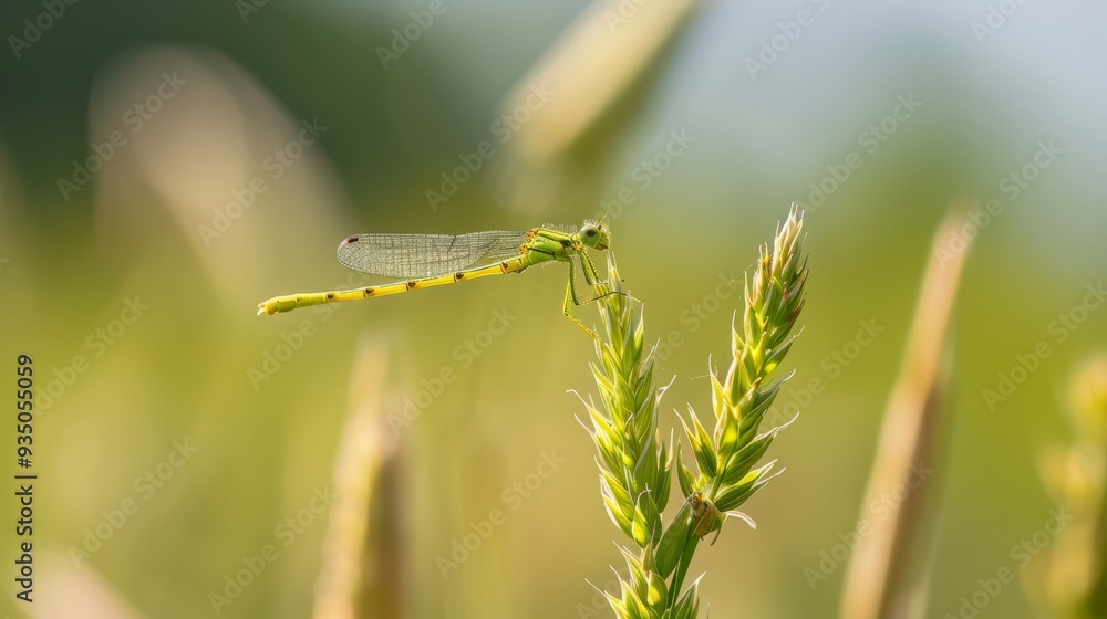 A dragonfly up close on a plant against a hazy grass backdrop and a clear blue sky A dragonfly up close on a plant against a hazy grass backdrop and a clear blue sky