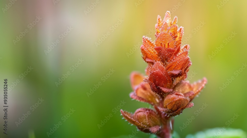 A tight shot of a tiny orange blossom, adorned with pearls of water on its petals, against a softly blurred backdrop A tight shot of a tiny orange blossom, adorned with pearls of water on its petals, against a softly blurred backdrop