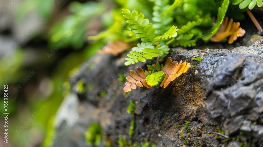 A tight shot of a plant sprouting from a fissure in a rock, surrounded by more plants emerging from the crevices A tight shot of a plant sprouting from a fissure in a rock, surrounded by more plants emerging from the crevices