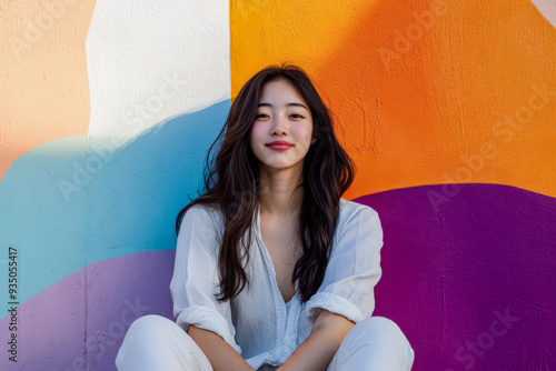 Smiling Woman in White Against Vibrant Wall photo