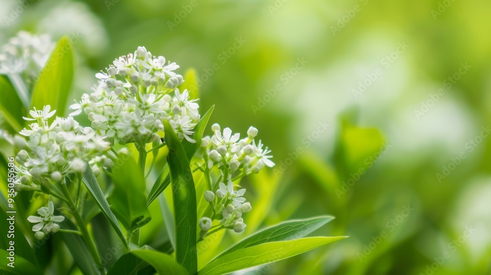  A tight shot of numerous white blooms against a backdrop of verdant foliage, with an indistinct rendition of leafy elements in the foreground