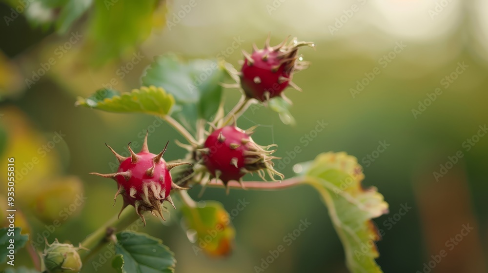 A tight shot of a tree branch laden with berries against a softly blurred backdrop of green leaves A tight shot of a tree branch laden with berries against a softly blurred backdrop of green leaves