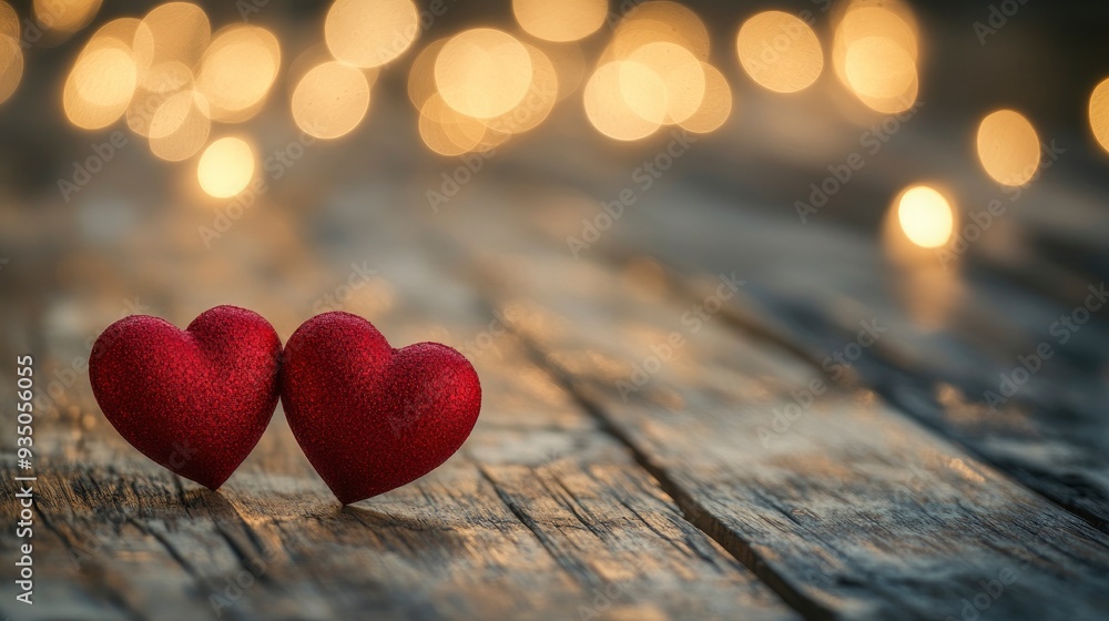 Fototapeta premium Banner Of Two Red Hearts On Rustic Table With Soft Lights On Wooden Background - Valentine's Day Concept with generative ai