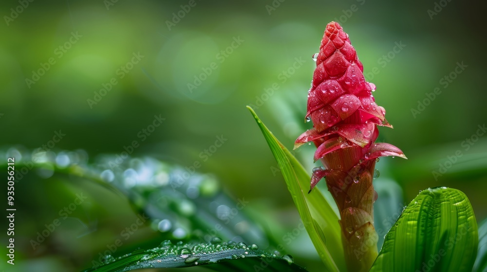 A red flower with water droplets on its petals and a green leaf in the background - a tight shot A red flower with water droplets on its petals and a green leaf in the background - a tight shot