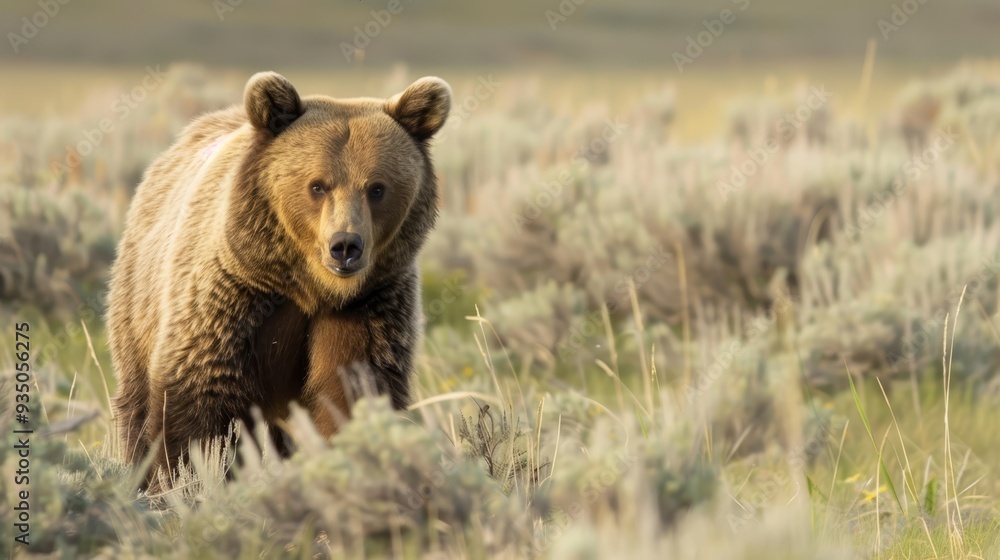  A large brown bear traverses a lush green forest, surrounded by tall grass and ground generously carpeted with it