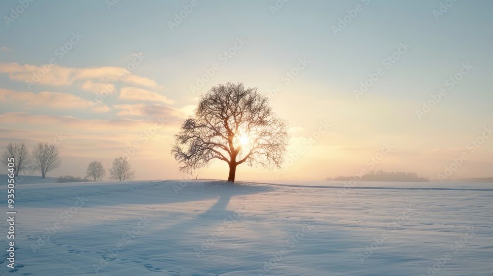 A solitary tree stands in a snow-covered field, sun gleaming through distant clouds A solitary tree stands in a snow-covered field, sun gleaming through distant clouds