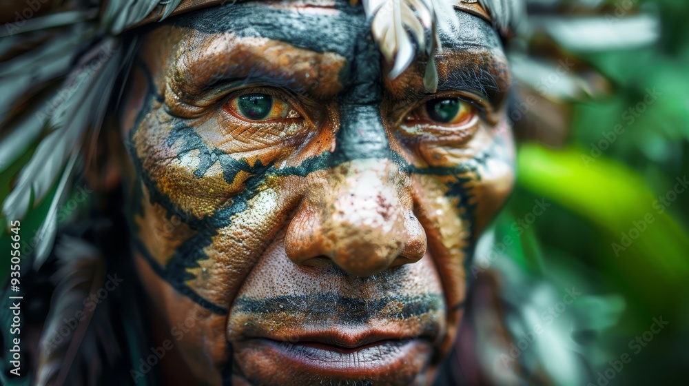 feathers adorn his head, face paint marks his skin feathers adorn his head, face paint marks his skin