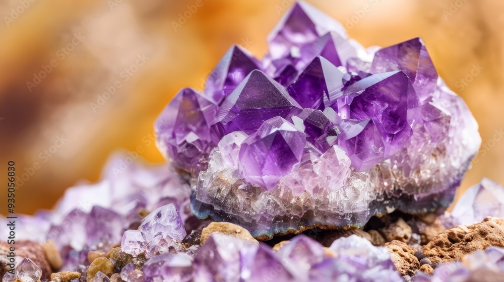 A clear background reveals a cluster of amethyst crystals atop rocks on a wooden table A clear background reveals a cluster of amethyst crystals atop rocks on a wooden table