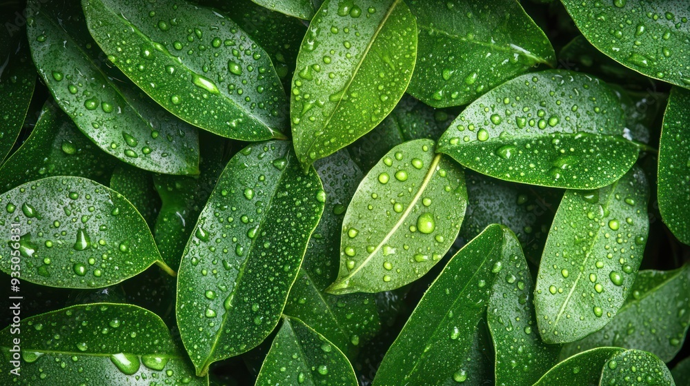Fototapeta premium Green Leaves With Dew Drops