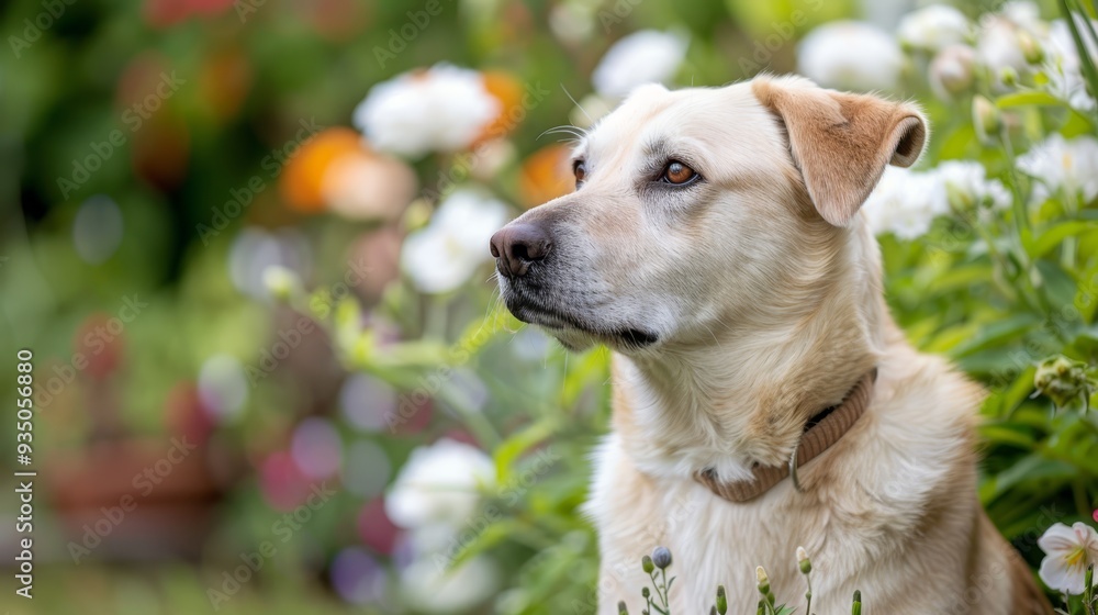 A tight shot of a dog in a flower-filled meadow, background softly blurred with grass and blooms A tight shot of a dog in a flower-filled meadow, background softly blurred with grass and blooms