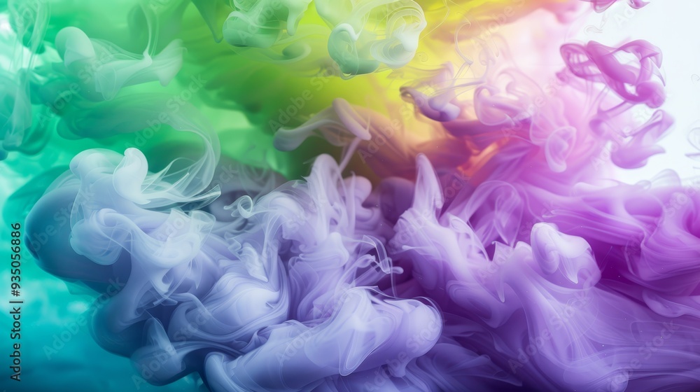 A multicolored cloud of smoke hovers in the foreground, against a pristine white backdrop A multicolored cloud of smoke hovers in the foreground, against a pristine white backdrop