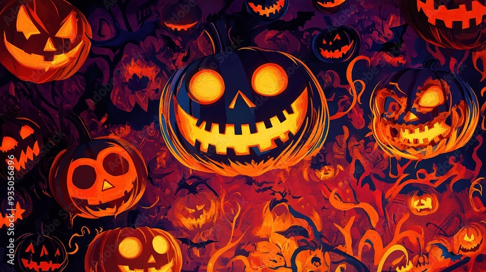 Pumpkin Patch of Screams: A haunting and atmospheric illustration of a spooky pumpkin patch, featuring a multitude of grinning jack-o'-lanterns Pumpkin Patch of Screams: A haunting and atmospheric illustration of a spooky pumpkin patch, featuring a multitude of grinning jack-o'-lanterns